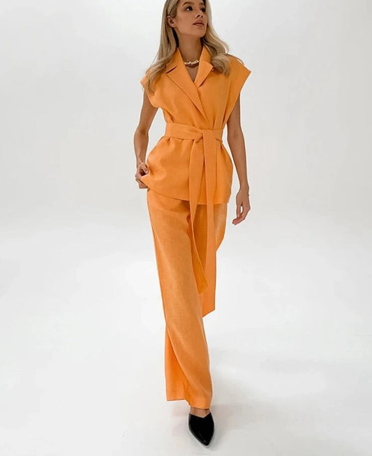 #PB Brightly Orange Cotton Linen Pants Suit