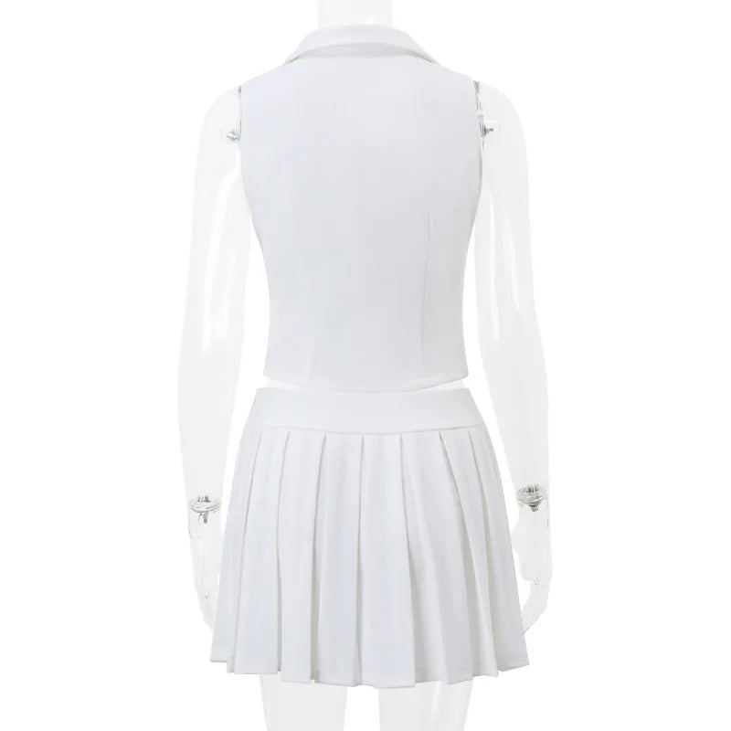 Cryptographic Elegant White Two Piece Sets Womens Outfits Sexy V Neck Top and Pleated Skirt Coquette Matching Sets Summer 2024 - passionbarn.com