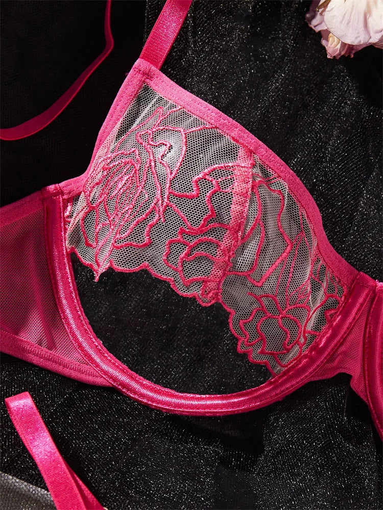 #PB Rose Embroidery Transparent Lingerie Set