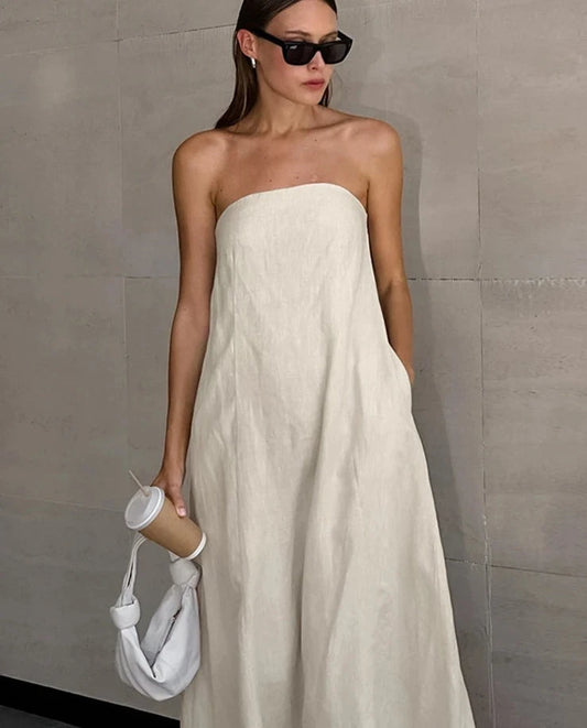 #PB Khaki Strapless Linen Dress