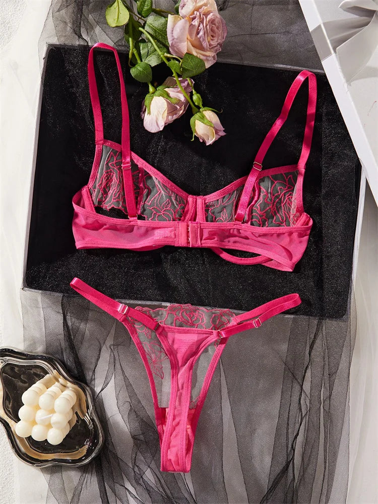 #PB Rose Embroidery Transparent Lingerie Set