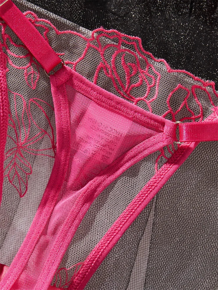 #PB Rose Embroidery Transparent Lingerie Set