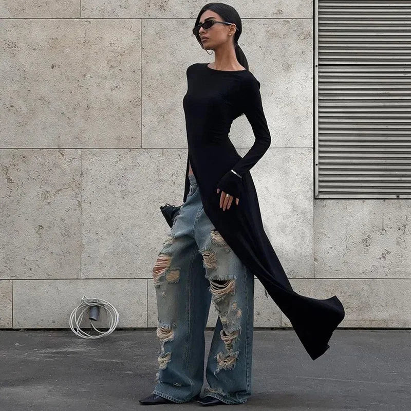 #PB Asymmetrical Long Sleeve Black Top