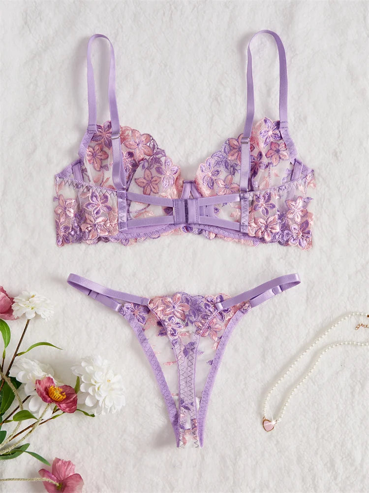 #PB Transparent Lingerie Purple Floral Embroidery Set