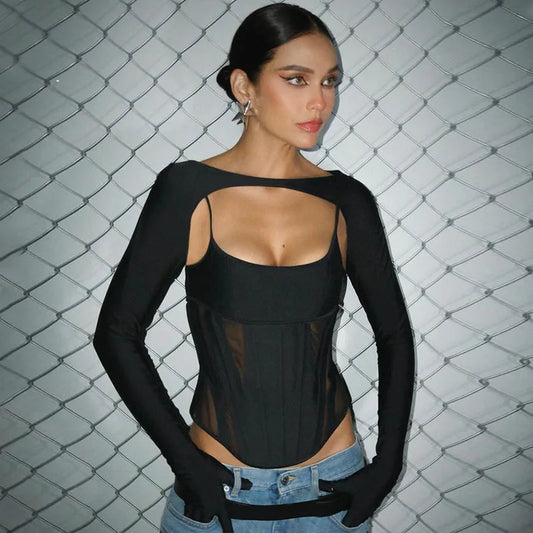 #PB 2 Piece Set Long Sleeve Corset Top