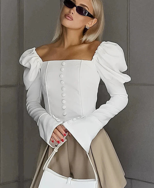 #PB Elegant White Lantern Sleeve Blouse