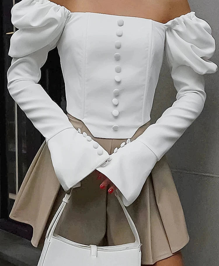 #PB Elegant White Lantern Sleeve Blouse