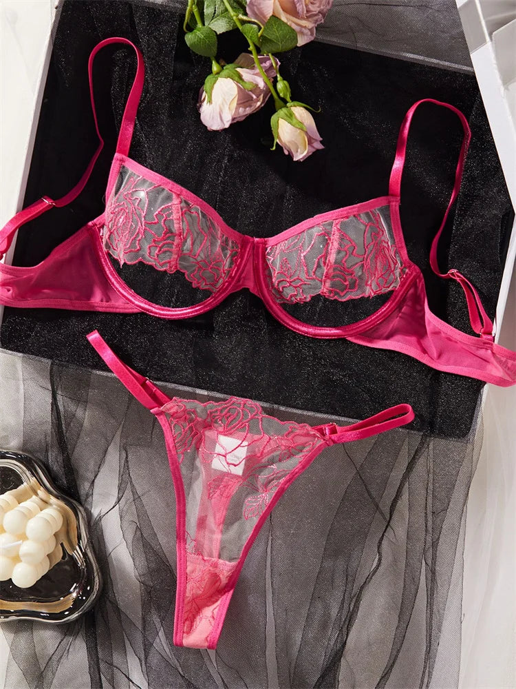 #PB Rose Embroidery Transparent Lingerie Set