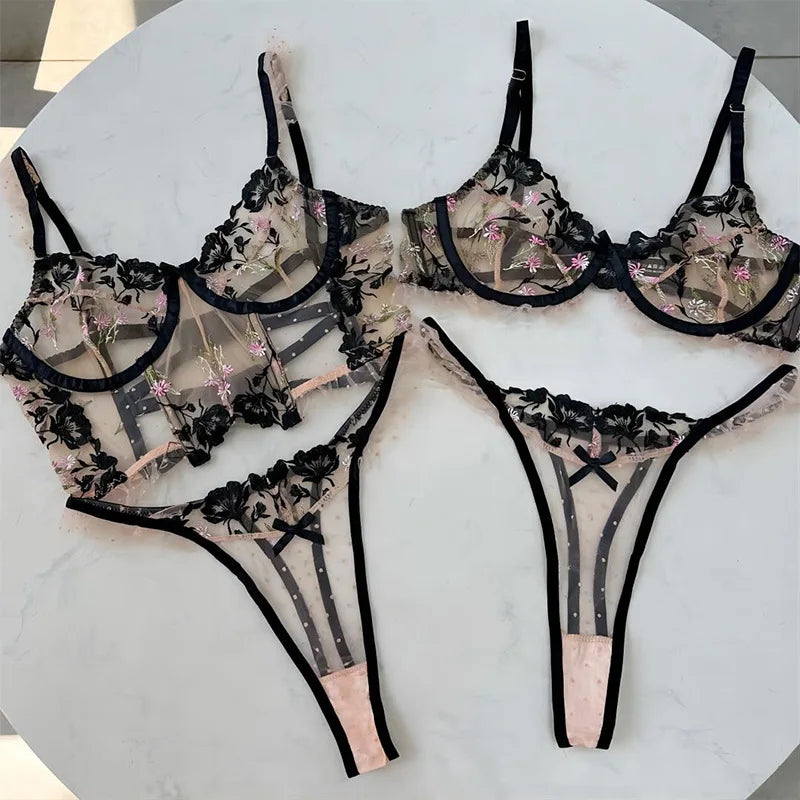 #PB Flower Embroidery Lingerie Set