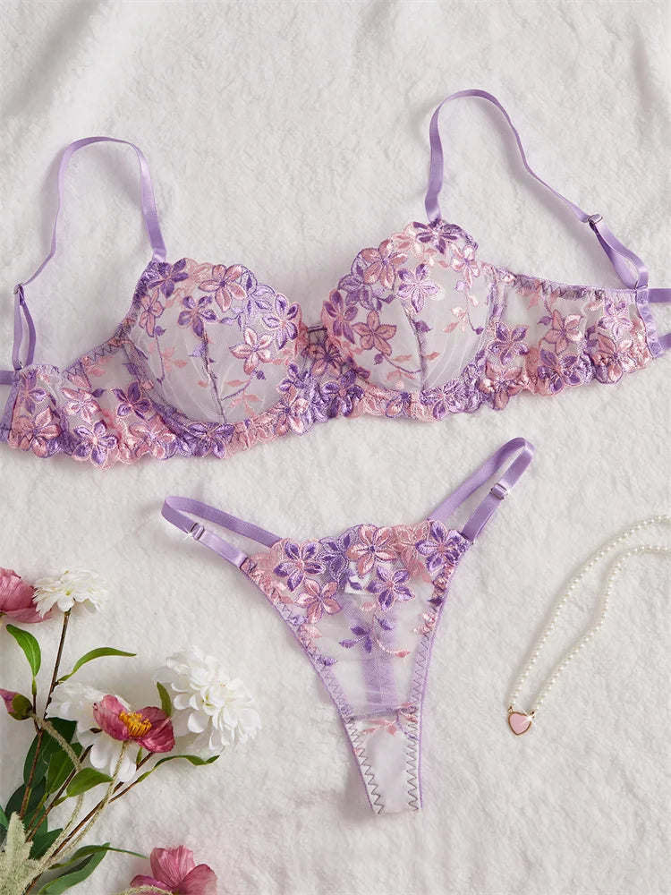 #PB Transparent Lingerie Purple Floral Embroidery Set