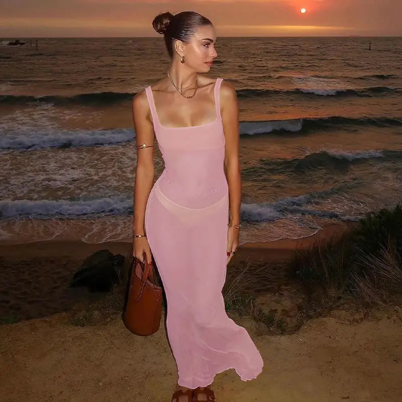 Cryptographic Square Neck Mesh See Through Maxi Dress Backless for Women Holiday Beach Tulle Dresses Summer Outfits Solid Robe - passionbarn.com