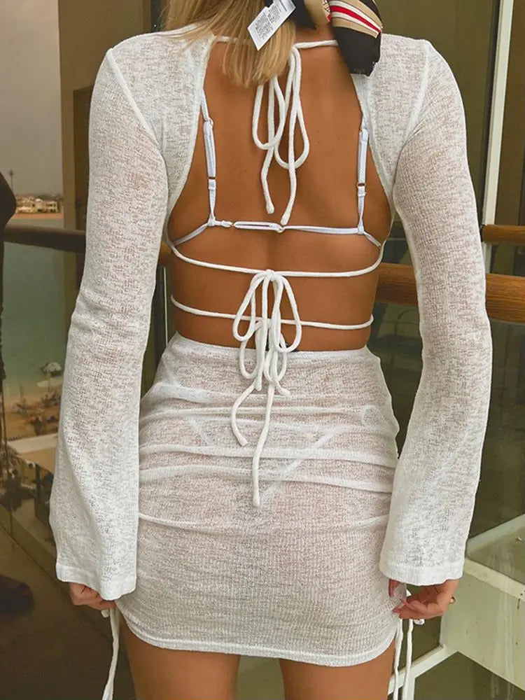 Cryptographic Elegant Drawstring Ruched Cut Out Summer Bandage Mini Dress for Women Club Party Long Sleeve White Dresses Clothes - passionbarn.com