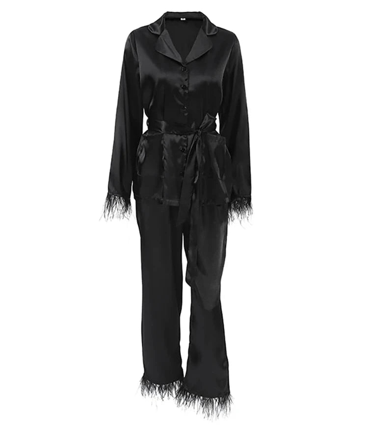 #PB Elegant Black Feathers Pants Suit