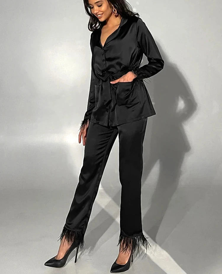 #PB Elegant Black Feathers Pants Suit