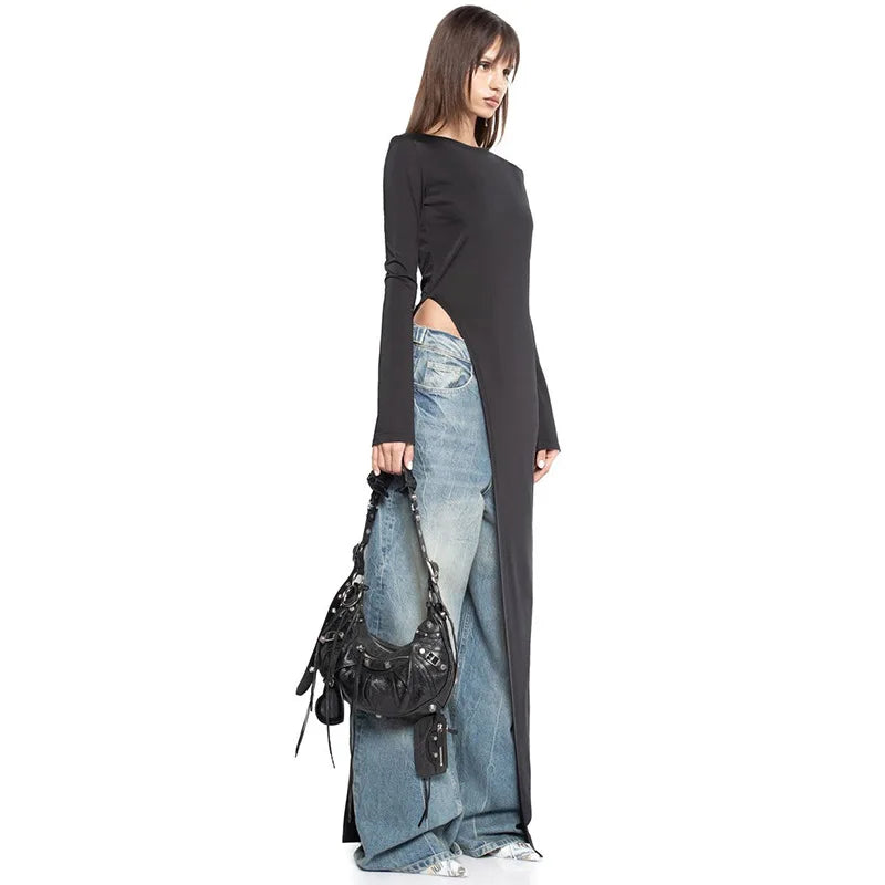 #PB Asymmetrical Long Sleeve Black Top