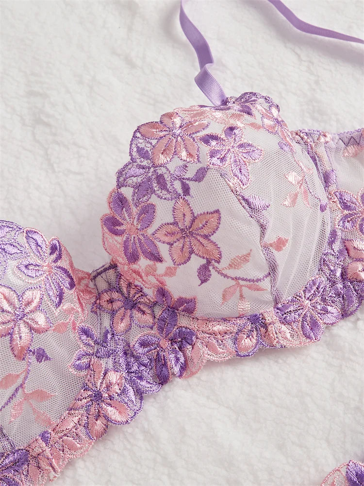 #PB Transparent Lingerie Purple Floral Embroidery Set