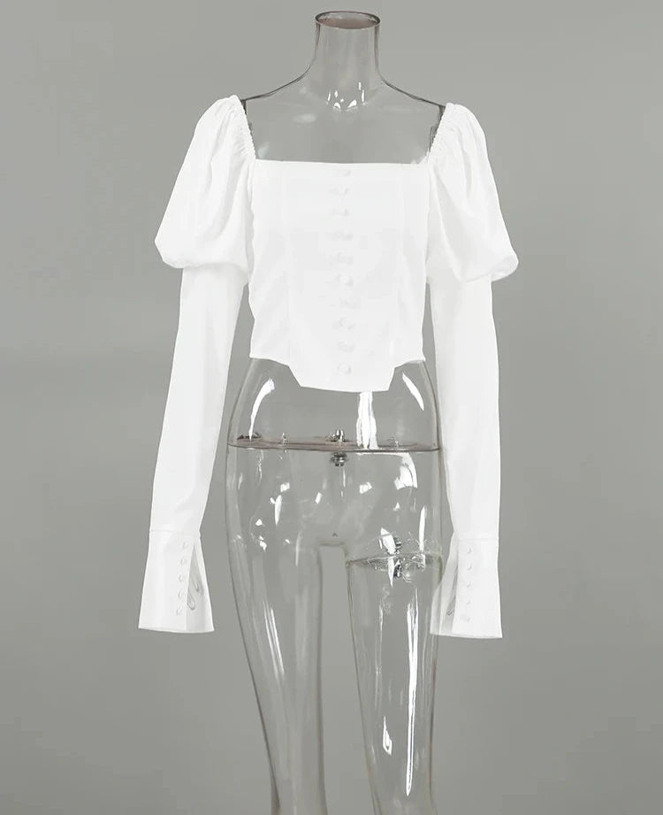 #PB Elegant White Lantern Sleeve Blouse