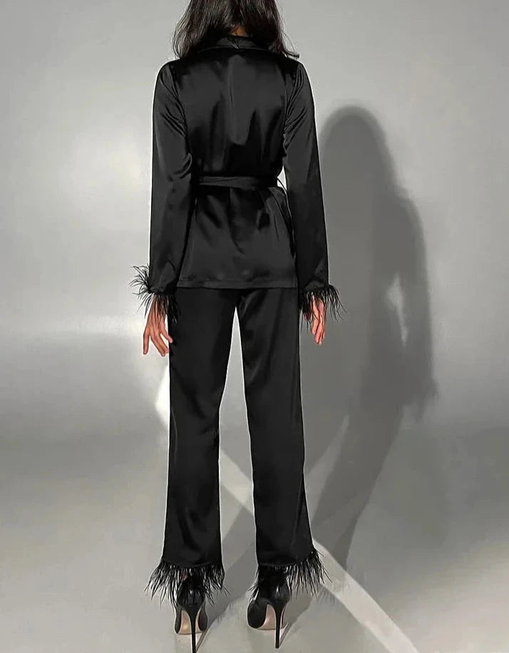 #PB Elegant Black Feathers Pants Suit