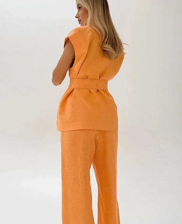 #PB Brightly Orange Cotton Linen Pants Suit