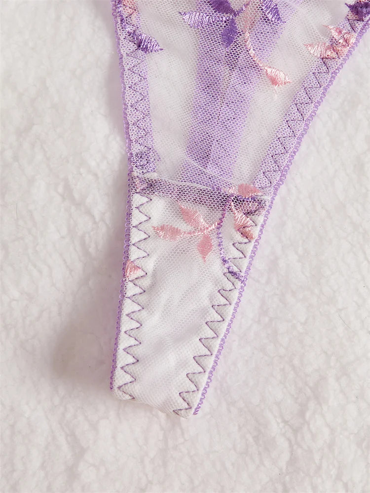 #PB Transparent Lingerie Purple Floral Embroidery Set