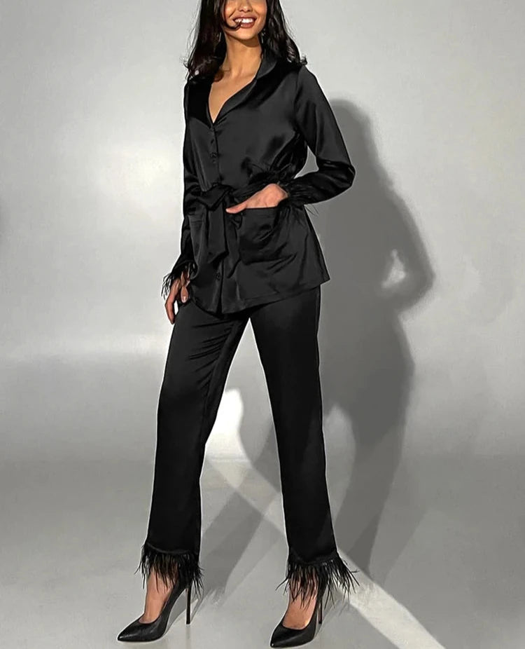 #PB Elegant Black Feathers Pants Suit