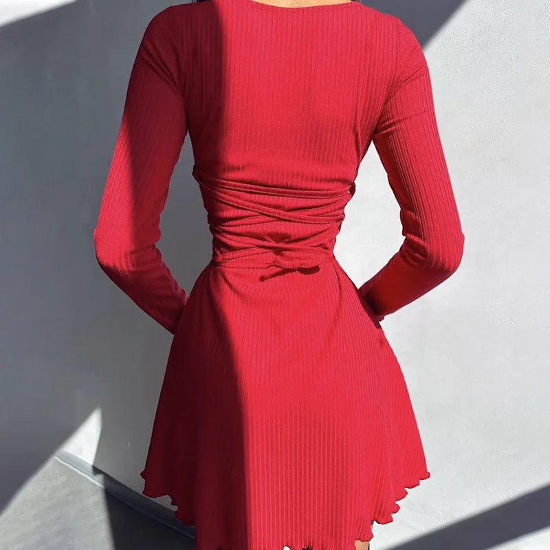 Cryptographic Solid Knitted Mini Dress for Women Elegant Outfits Fall Long Sleeve Bandage A-Line Vestido Plunge Dresses Clothes - passionbarn.com