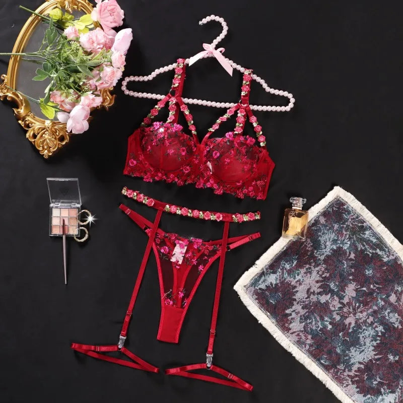 #PB 3-Piece See-Through Floral Lingerie Set