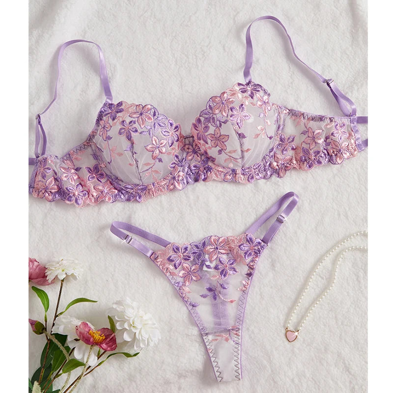 #PB Transparent Lingerie Purple Floral Embroidery Set