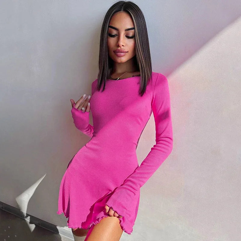 Cryptographic Solid Knitted Mini Dress for Women Elegant Outfits Fall Long Sleeve Bandage A-Line Vestido Plunge Dresses Clothes - passionbarn.com