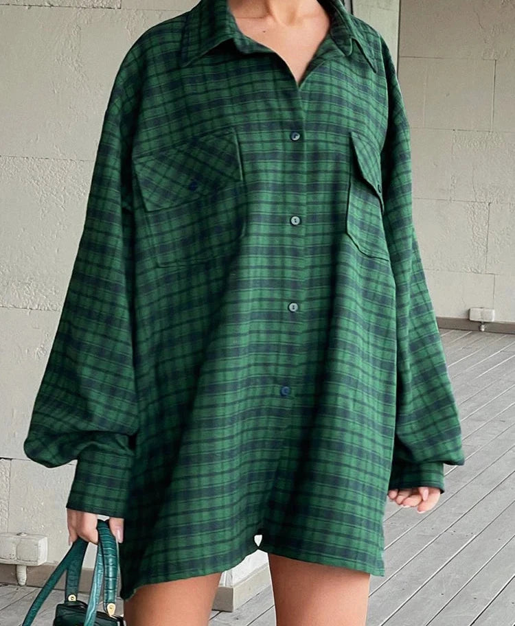 #PB Vintage Green Plaid Blouse