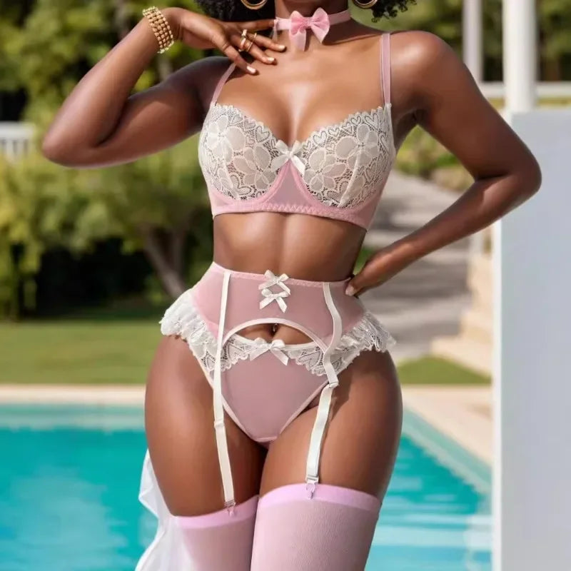 #PB Lingerie Lace Mesh Patchwork Bow Set