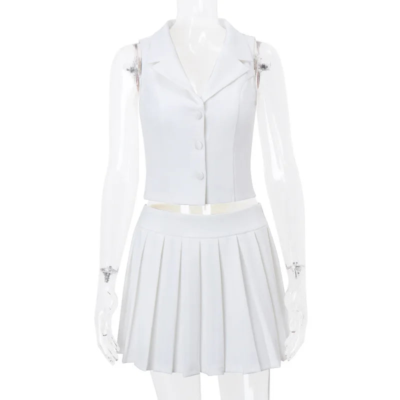 Cryptographic Elegant White Two Piece Sets Womens Outfits Sexy V Neck Top and Pleated Skirt Coquette Matching Sets Summer 2024 - passionbarn.com