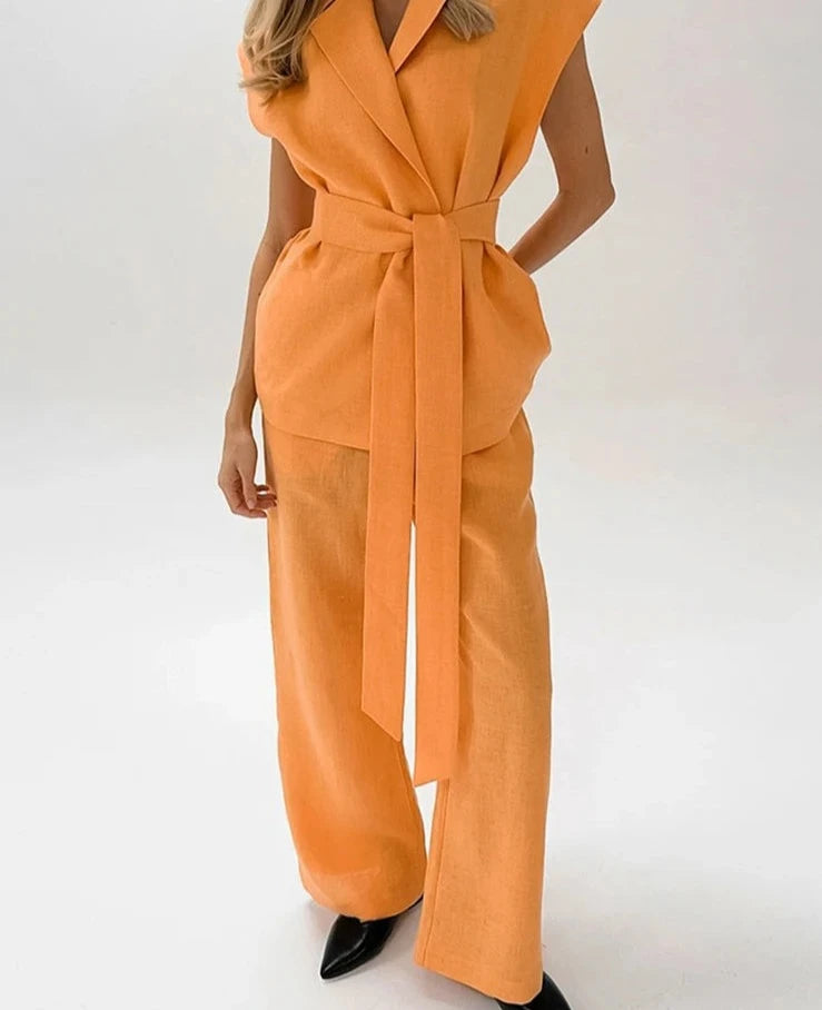 #PB Brightly Orange Cotton Linen Pants Suit