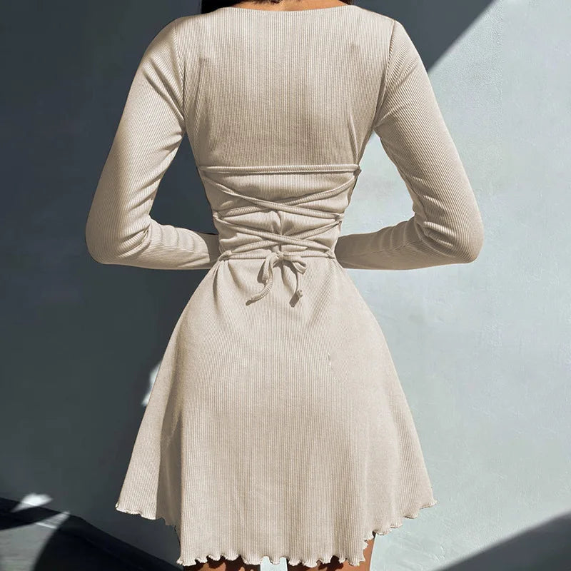 Cryptographic Solid Knitted Mini Dress for Women Elegant Outfits Fall Long Sleeve Bandage A-Line Vestido Plunge Dresses Clothes - passionbarn.com