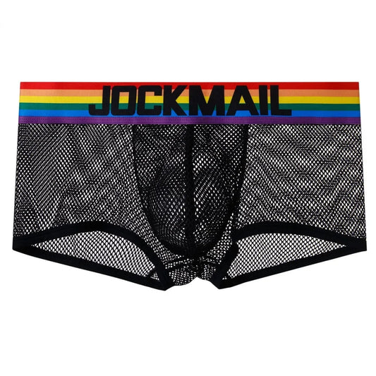 JOCKMAIL Men Briefs Underwear Sexy Breathable Rainbow stripes Underpants Nylon mesh hole fun Jockstrap Cueca Gay Male Panties