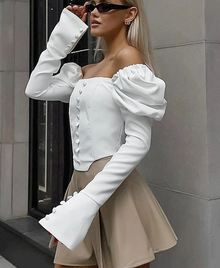 #PB Elegant White Lantern Sleeve Blouse