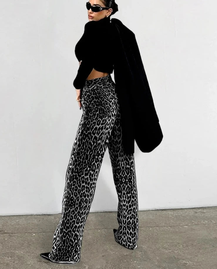 #PB Fashion Gray Leopard Long Pants